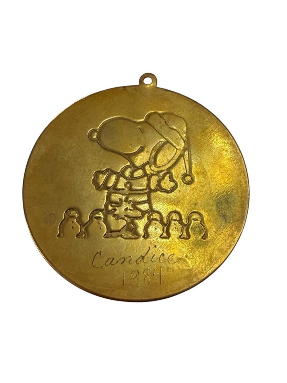 Vintage 1984 Peanuts Snoopy Woodstock Brass Christmas Ornament Personalized 2.25